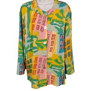 Nora Noh Womens Medium Architectural Tropical Print Button Front Blouse Colorful